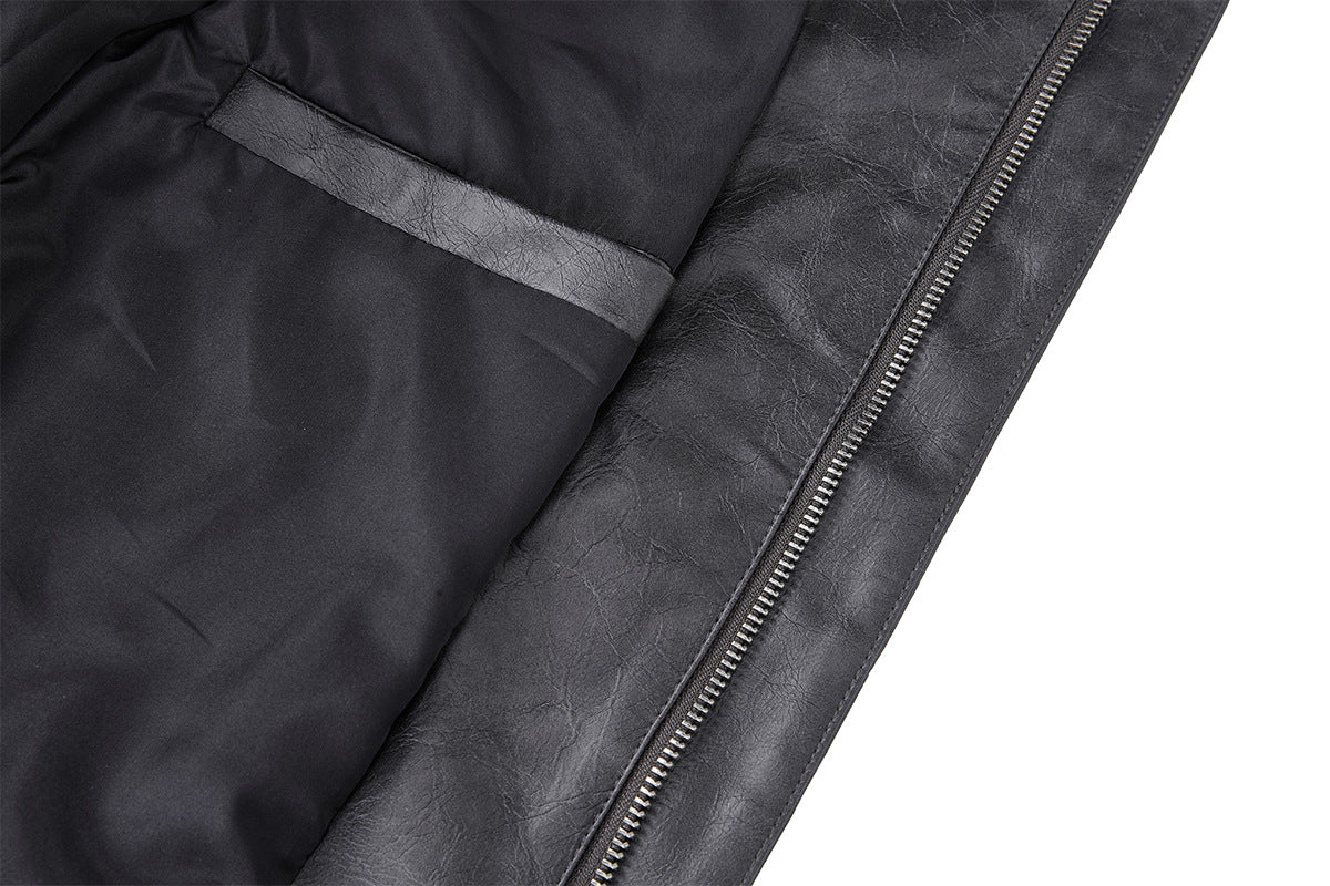 Blouson biker oversize en cuir – Style moto à col montant et poignets à boucles