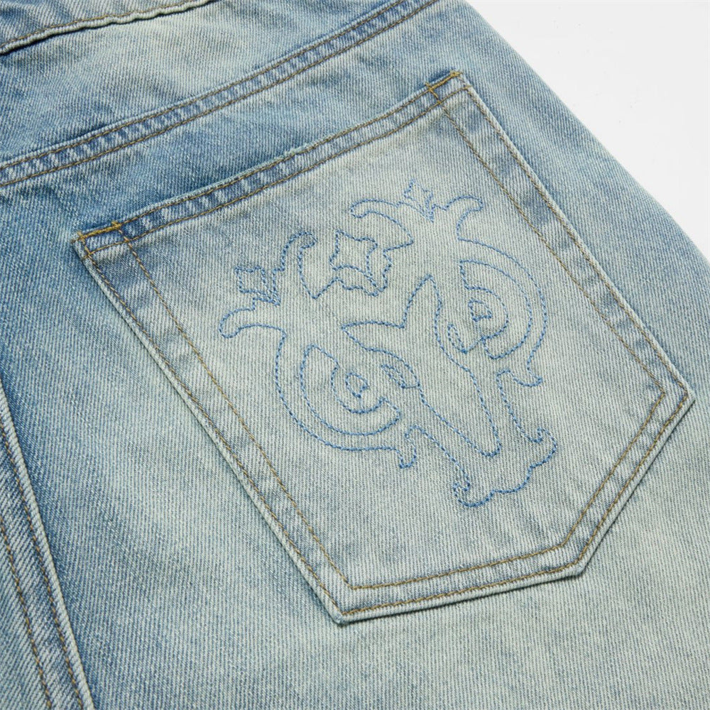 Men's Light Wash Jeans – Floral Embroidery, Metal Clasp Fly & Straight Leg