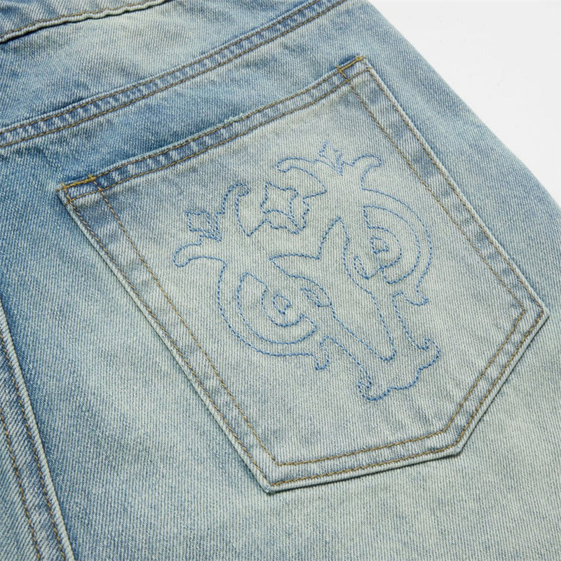 Men's Light Wash Jeans – Floral Embroidery, Metal Clasp Fly & Straight Leg