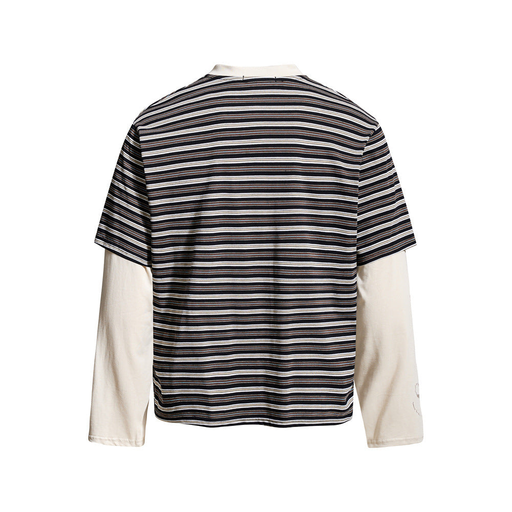 Black striped Henley t-shirt with cream long sleeves, back view