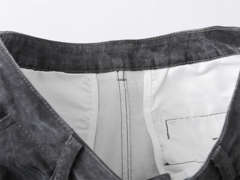 Wide-Leg Washed Denim Jeans – Relaxed High-Street Pleated Trousers