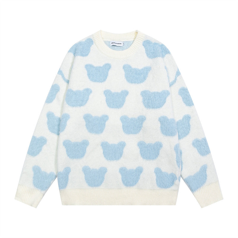 Bear Jacquard Crewneck Knit Sweater – Oversized Long Sleeve Pullover