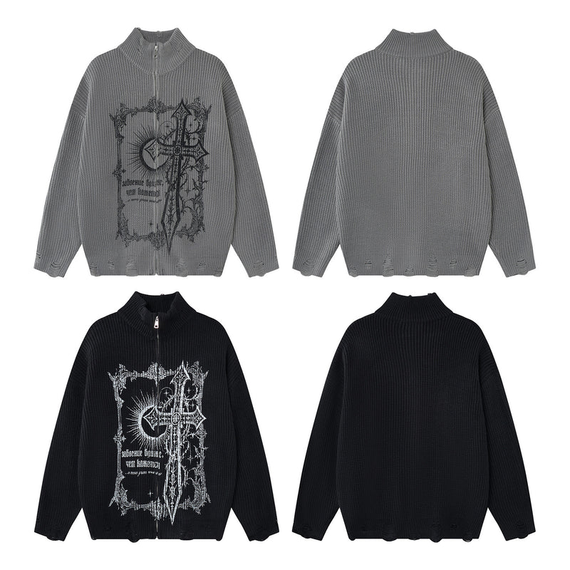 Pull col montant zippé en maille gothique à croix imprimée et effet usé