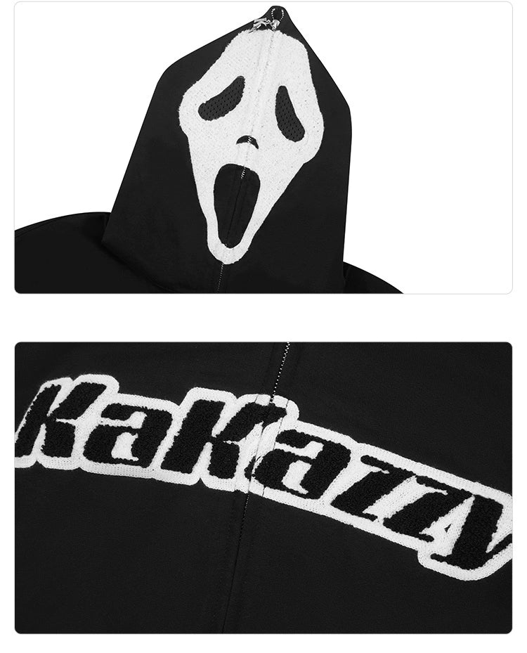 Scream-Inspired Hoodie - 400GSM Oversized Black Zip-Up Horror Movie Sweatshirt