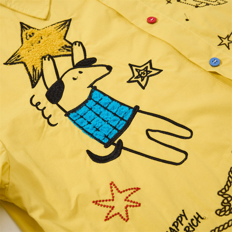 Cartoon Embroidered Short Sleeve Shirt – Oversized Streetwear Button-Up