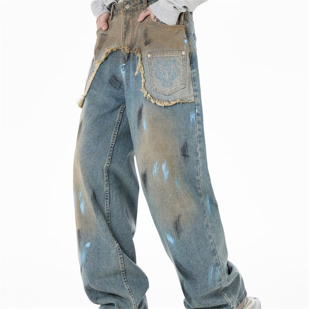 Baggy Jeans with Paint Splatter Patchwork & Distressed Raw-Edge Detail