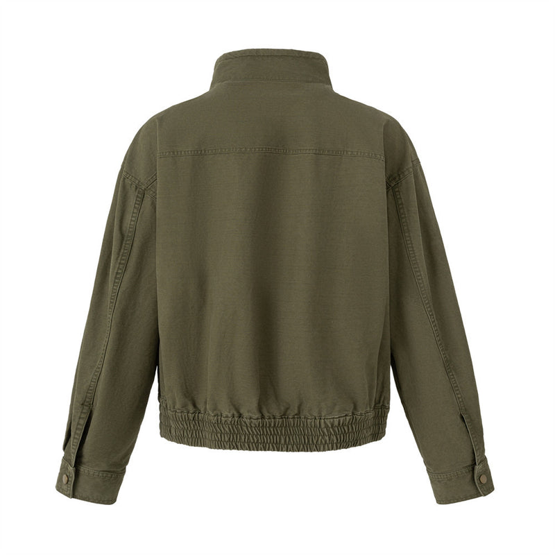 Army Green Stand Collar Metal Clasp Cargo Jacket – Relaxed Cropped Fit