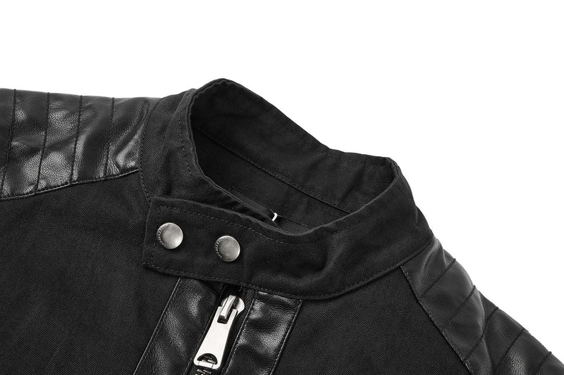 Men's Moto Biker Jacket with Leather Trim, Stand Collar & Zip Detail