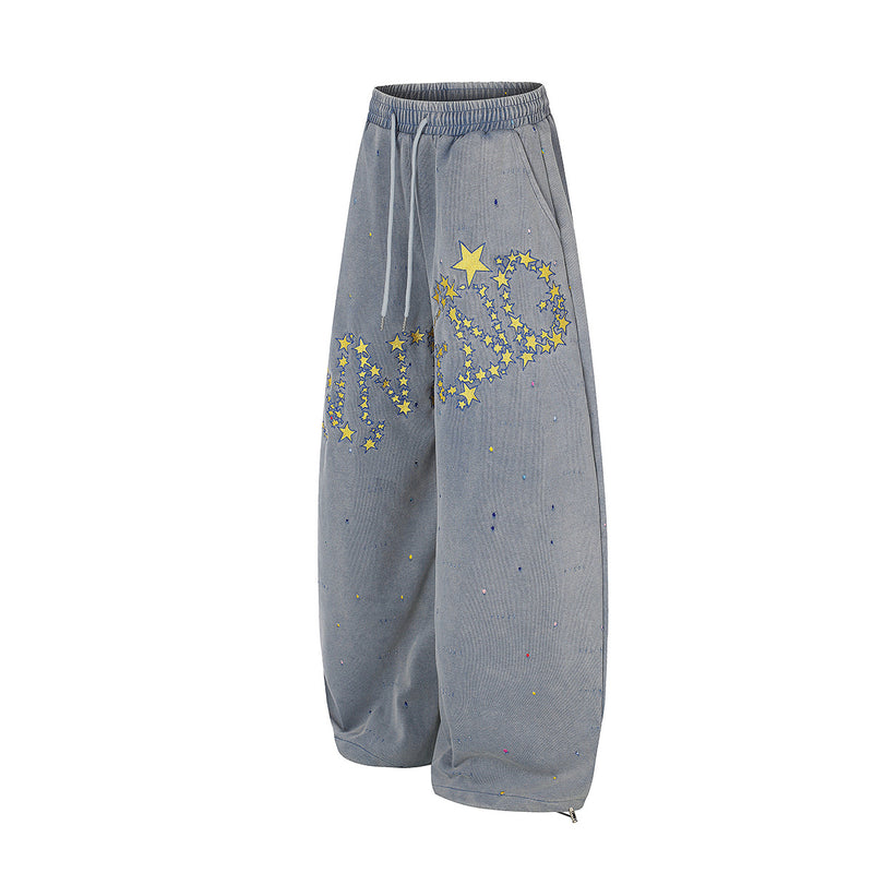 Pantalon de survêtement baggy à jambes larges, imprimé constellation d’étoiles, délavé