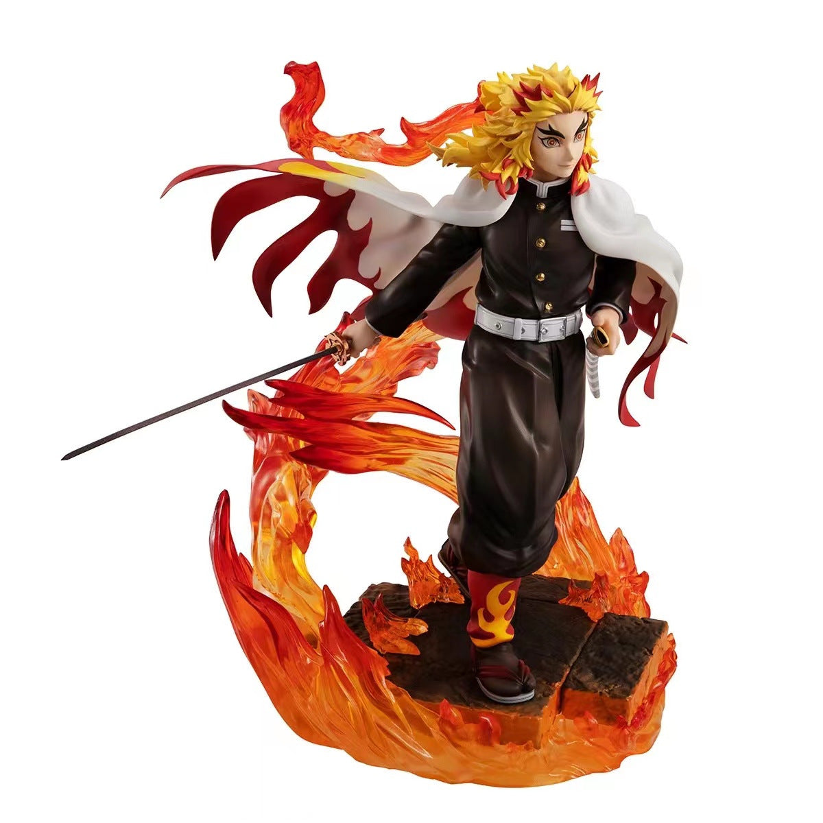 The Demon Slayer Rengoku Kyojuro Action Figure is a 22CM collectible featuring the Flame Hashira with yellow and red hair. He wears a black outfit, white cape, and holds a sword surrounded by flame elements on a stone base.