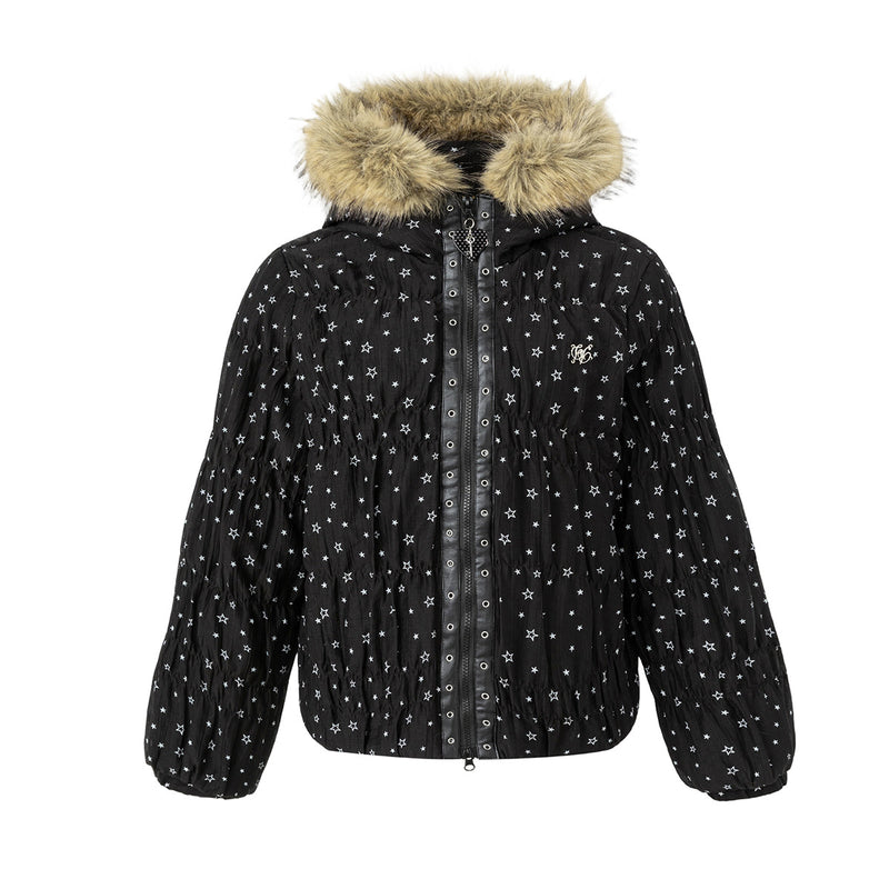 Puffer Jacket with Hood — Star Print Fur-Trim Hooded Cotton-Padded Jacket