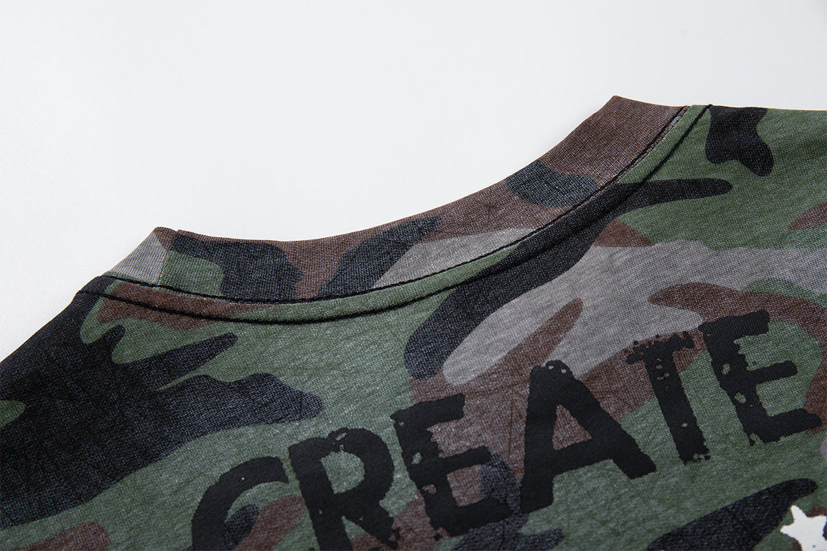 Long Sleeve Camo Graphic Tee – Cross & American Flag Stars Print, Crew Neck