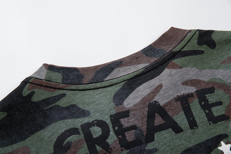 Long Sleeve Camo Graphic Tee – Cross & American Flag Stars Print, Crew Neck