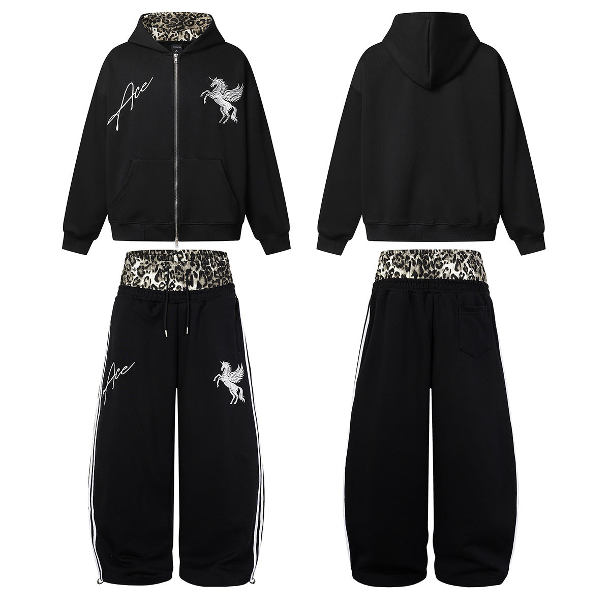Ace Unicorn Zip-Up Hoodie & Wide-Leg Sweatpants Set with Leopard-Print Lining