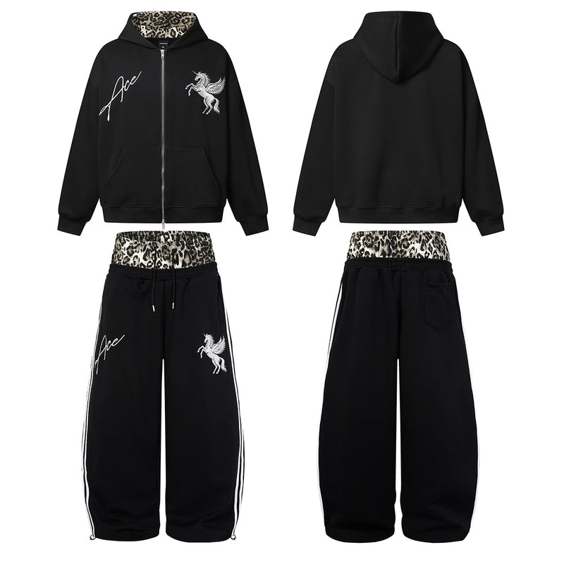 Ace Unicorn Zip-Up Hoodie & Wide-Leg Sweatpants Set with Leopard-Print Lining
