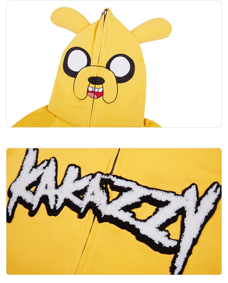 The Kawaii Yellow Dog Hoodie by Seakoff is a 400GSM cotton, oversized zip-up, featuring a cartoon dog&