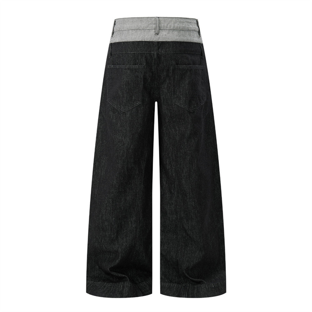 Jean homme à jambes larges – Ceinture bicolore color block et fermeture boutonnée