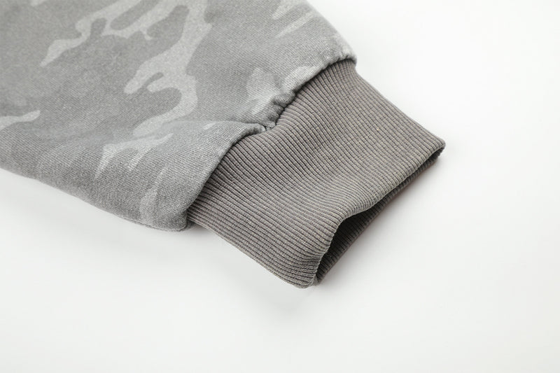 Acid Wash Zip-Up Hoodie with Camo Sleeves and Embroidered Graphic