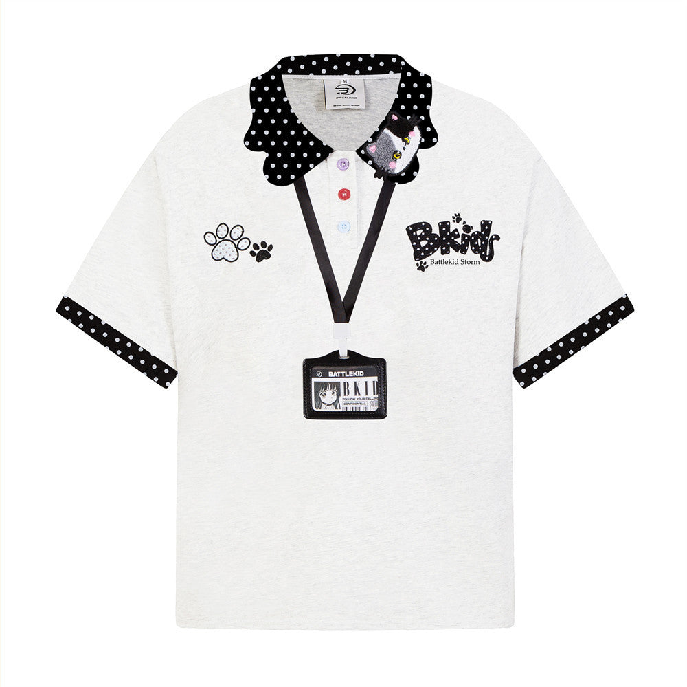 BKids Battlekid Storm Anime Cat Embroidery Polo Shirt with ID Card Lanyard