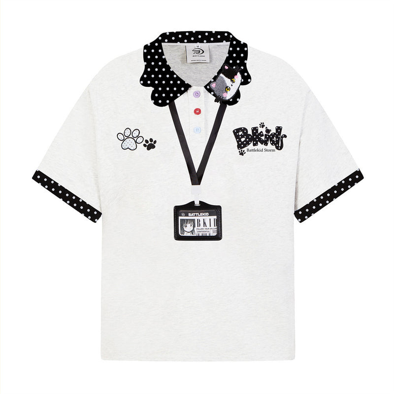 BKids Battlekid Storm Anime Cat Embroidery Polo Shirt with ID Card Lanyard