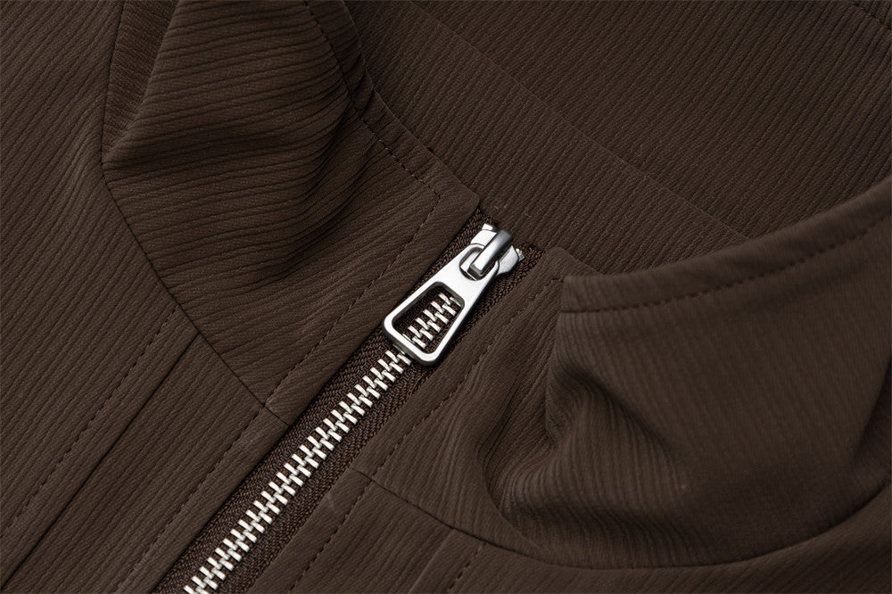 Men's Oversized Stand-Collar Zip Jacket with Cargo Pockets – Brown