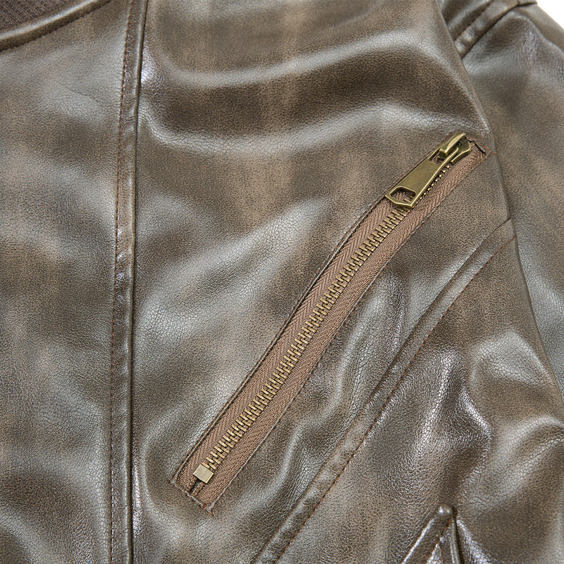 Men's Distressed Glossy PU Leather Bomber Jacket with Stand Collar & Diagonal
