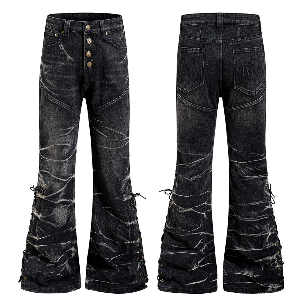 Men's Bell Bottom Jeans – Black Acid Wash Flare Leg with Lace-Up Hem & Button
