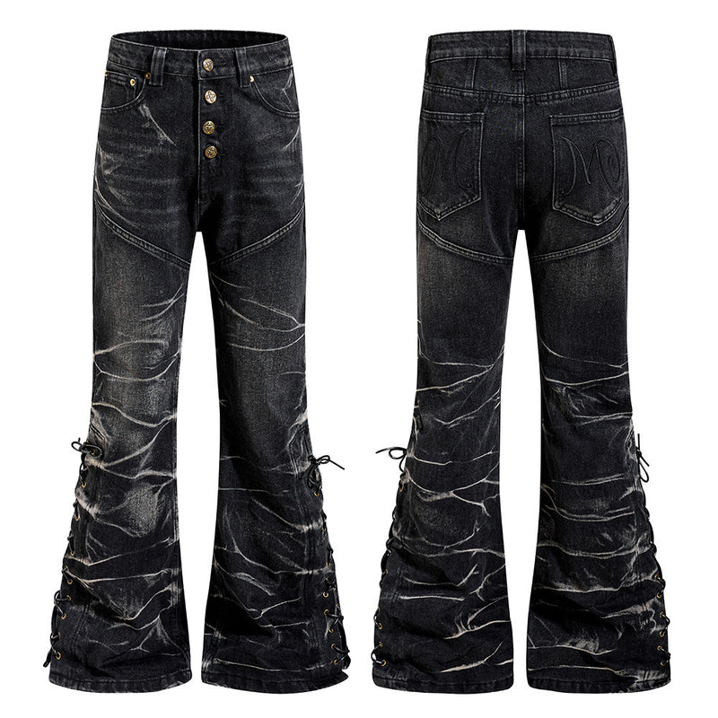 Men's Bell Bottom Jeans – Black Acid Wash Flare Leg with Lace-Up Hem & Button