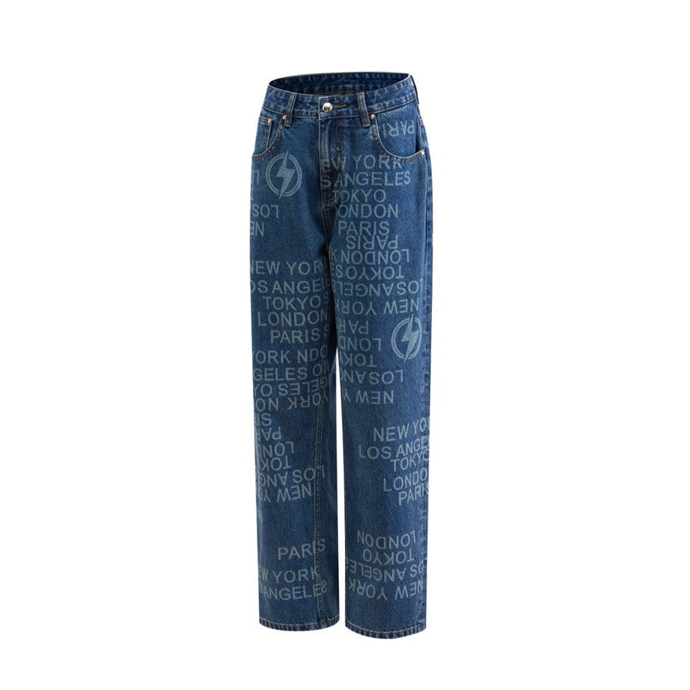 Men's Wide Straight-Leg Jeans – Allover City Names & Lightning Bolt Print