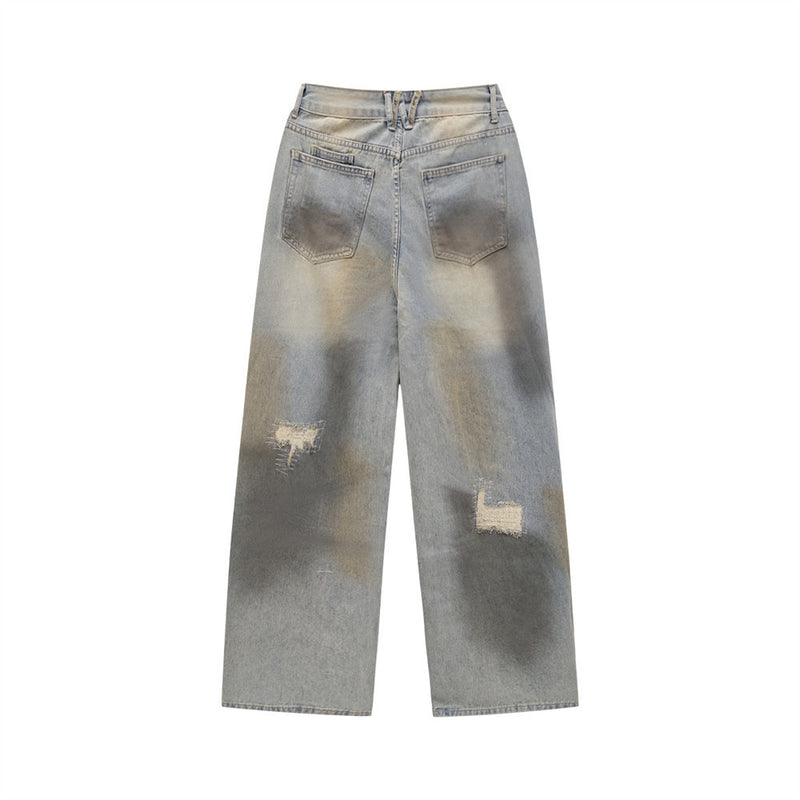 Distressed Washed Wide-Leg Jeans – Vintage Dirty Dye Streetwear