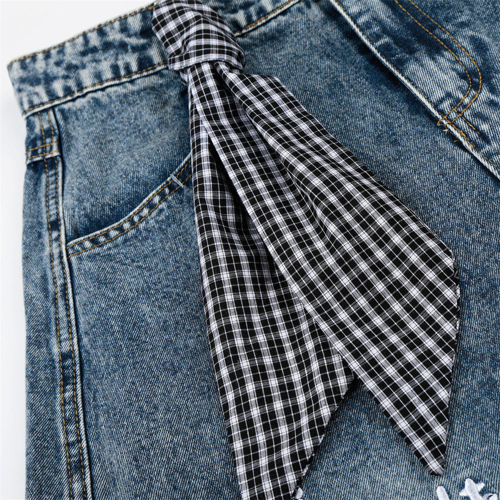 Cartoon Embroidered Wide-Leg Denim Shorts with Detachable Plaid Scarf Tie