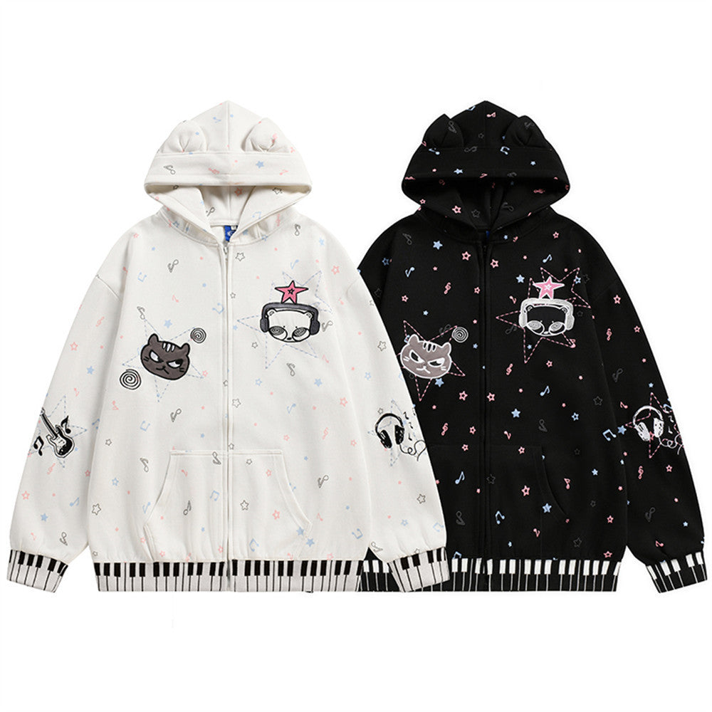 Cat Ear Zip-Up Hoodie with All-Over Music Note & Cartoon Print