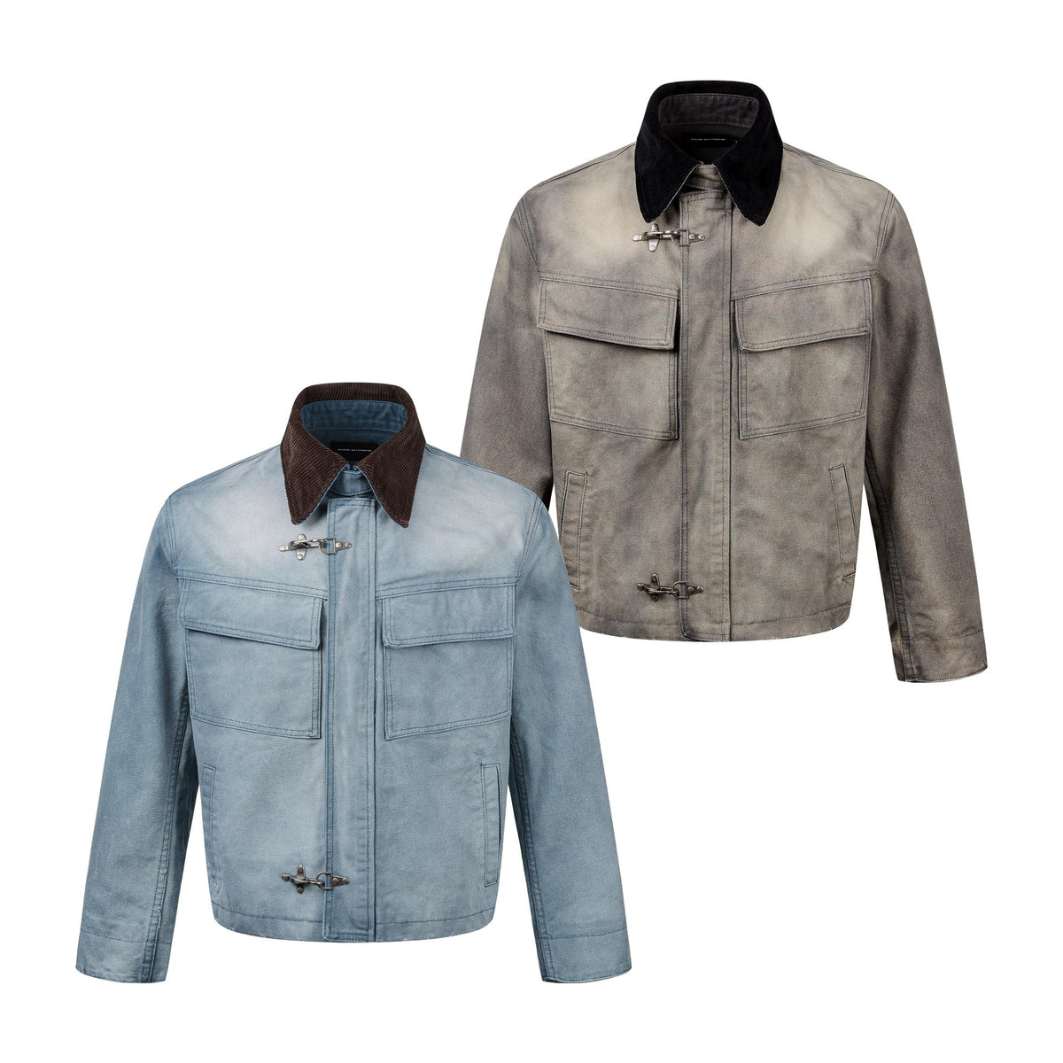 Boxy Washed Denim Workwear Jacket with Corduroy Collar & Clasp Closure