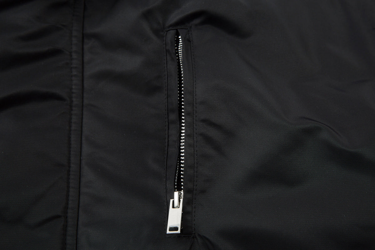 Padded Bomber Jacket with Detachable Faux Fur Hood & Ruched Sleeves in Black