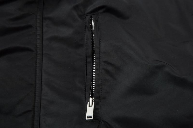 Padded Bomber Jacket with Detachable Faux Fur Hood & Ruched Sleeves in Black