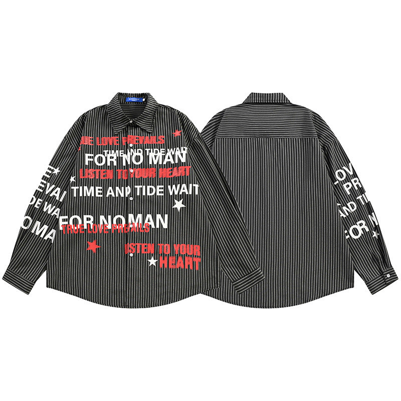 Graphic Button-Up Shirt – Hip-Hop Letter Print Vertical Stripe Long Sleeve