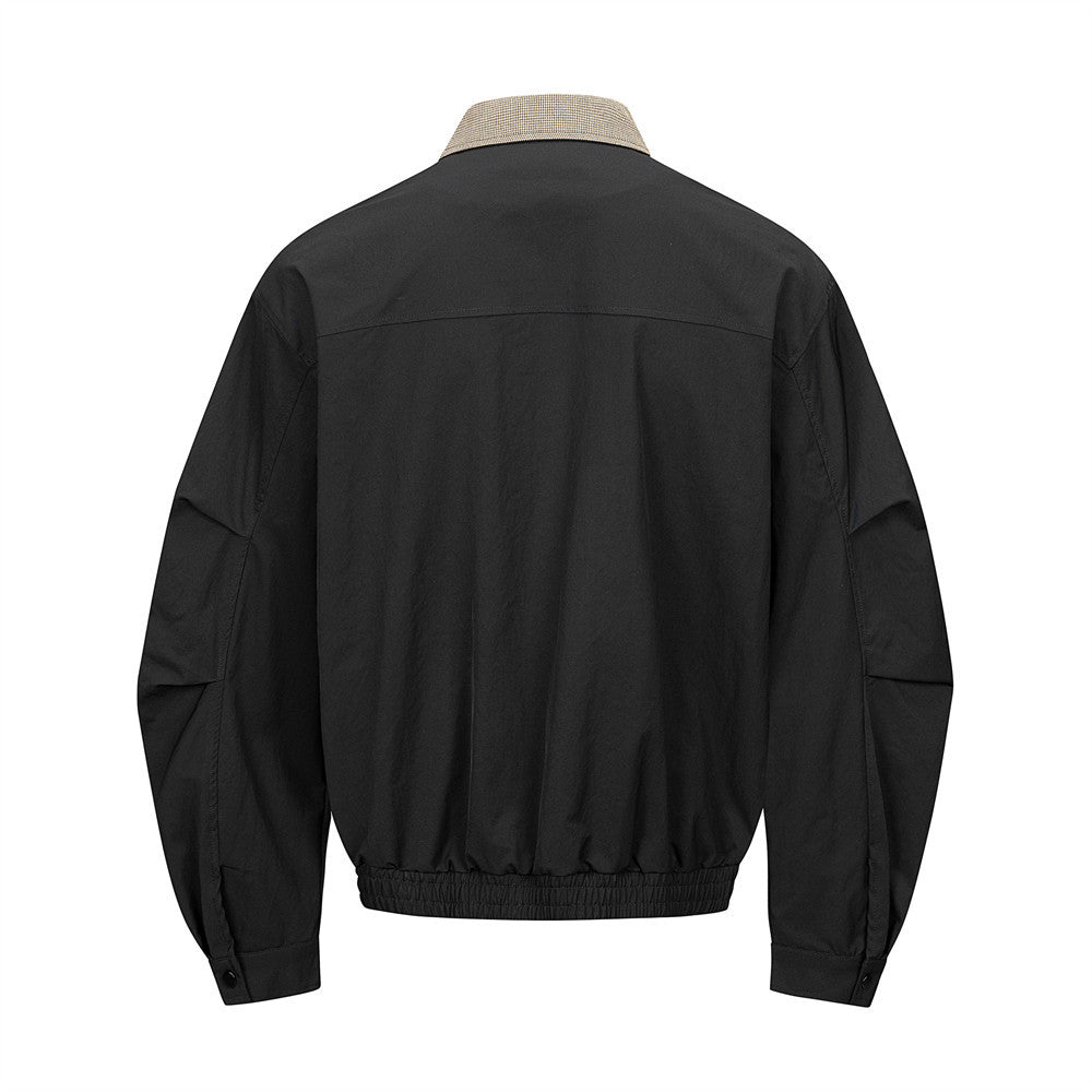 Men's Bomber Jacket with Houndstooth Collar & Pleated Sleeves