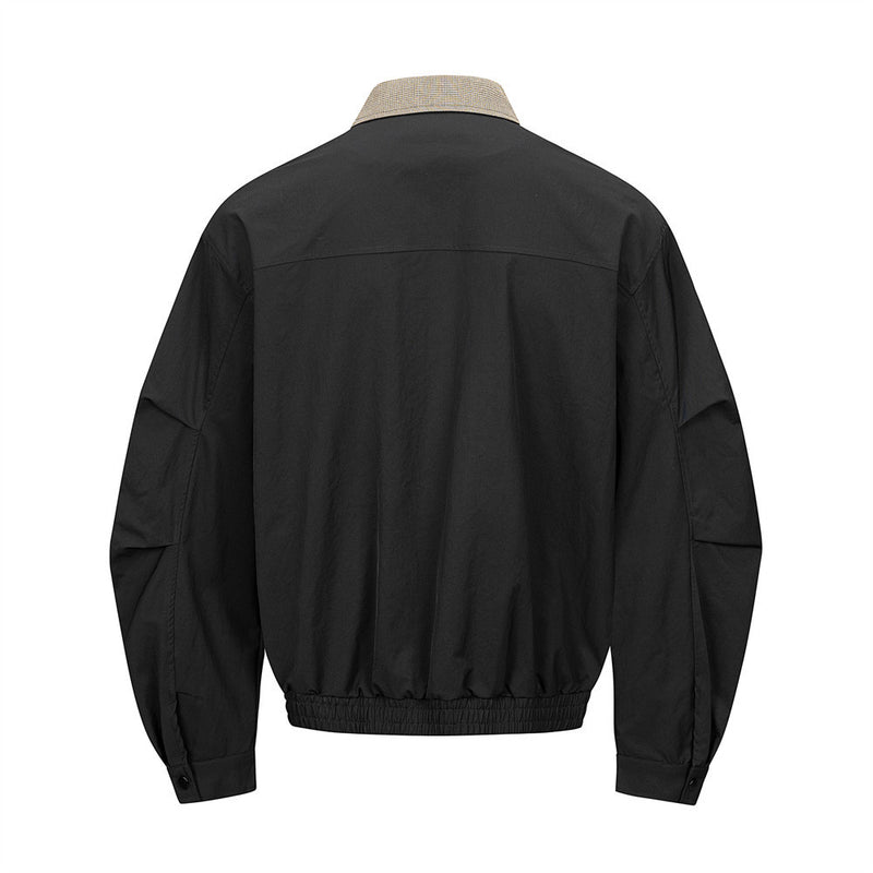 Men's Bomber Jacket with Houndstooth Collar & Pleated Sleeves