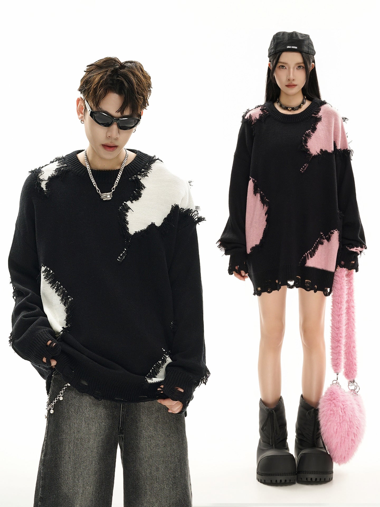 Pull en maille color block effet usé – Pull oversize à franges, style high-street