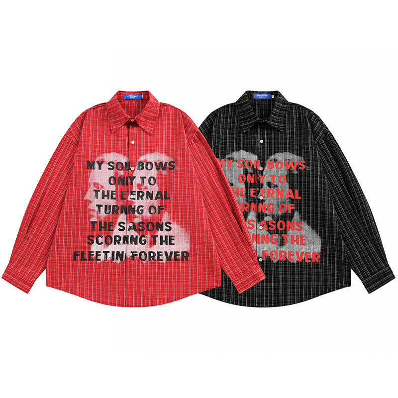 Plaid Long Sleeve Shirt with Portrait Graphic Print – Oversized Fit