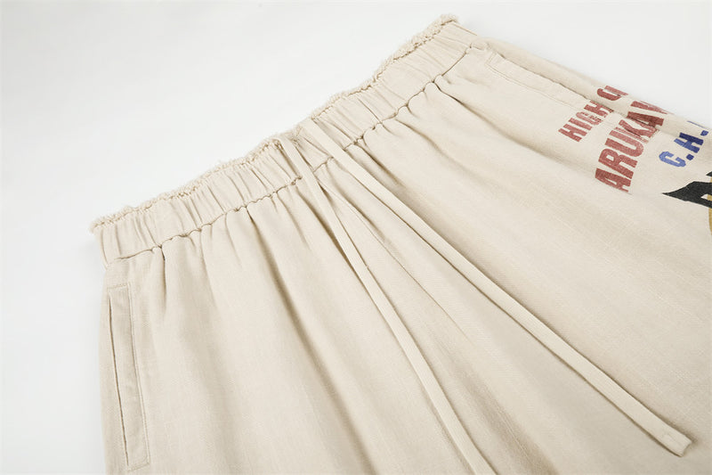 Wide-Leg Graphic Print Pants – Raw Hem Elastic Waist Straight Trousers