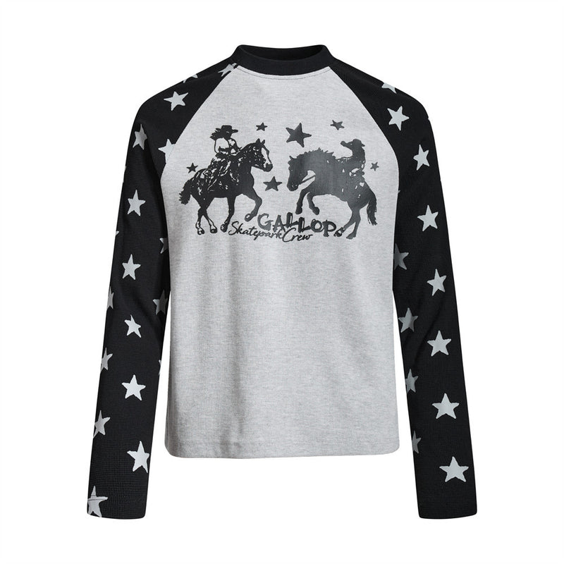 Long Sleeve Shirt Women Cowboy Star Print Raglan Waffle Knit Top