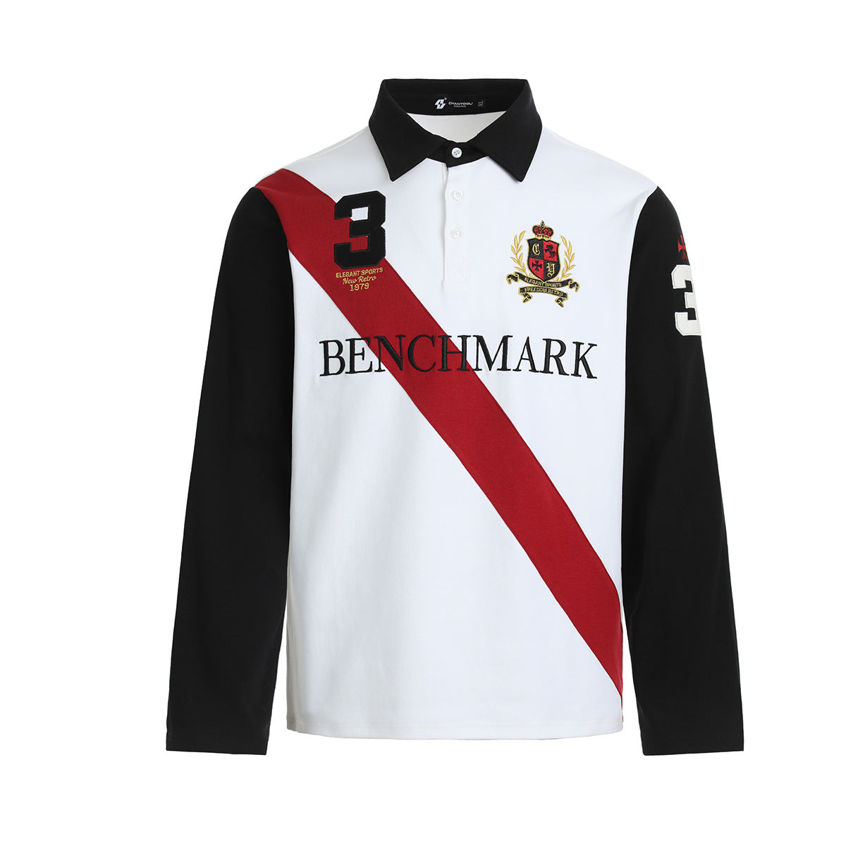 Benchmark long-sleeve rugby polo shirt with diagonal sash stripe and embroidered crest badge in black/white colorblock