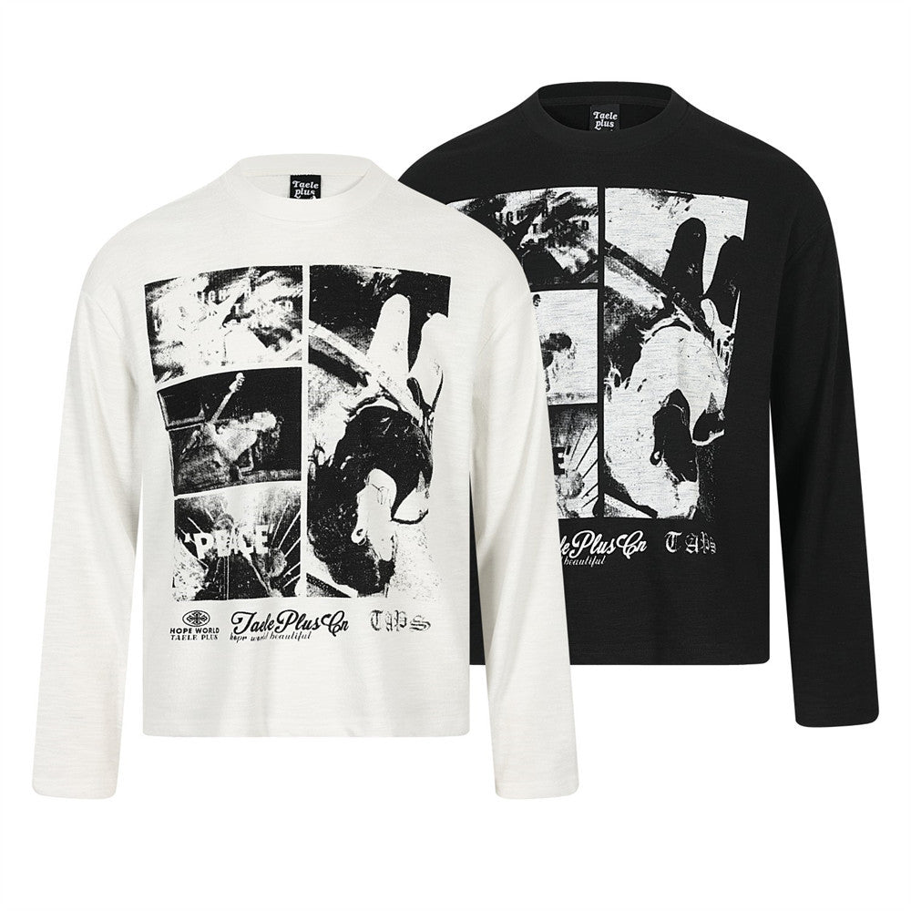 Long Sleeve Graphic T-Shirt – Rock & Rap Print Oversized Crew Neck