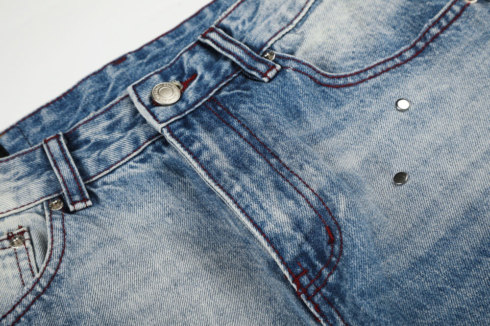 Gradient Washed Distressed Wide-Leg Jeans with Rhinestone Studs