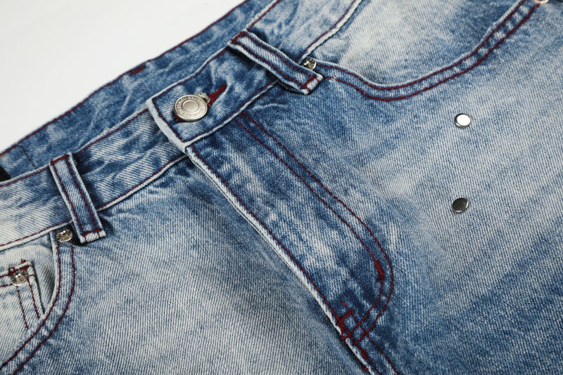 Gradient Washed Distressed Wide-Leg Jeans with Rhinestone Studs