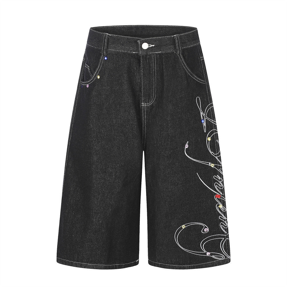 Men's Wide Leg Denim Shorts with Rhinestone Script Embroidery