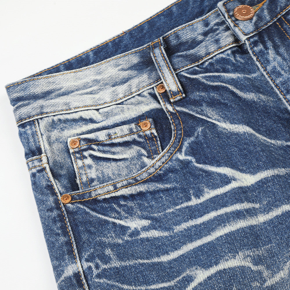 Wide-Leg Distressed Jeans – Lightning Wash Vintage Blue Straight-Fit Denim