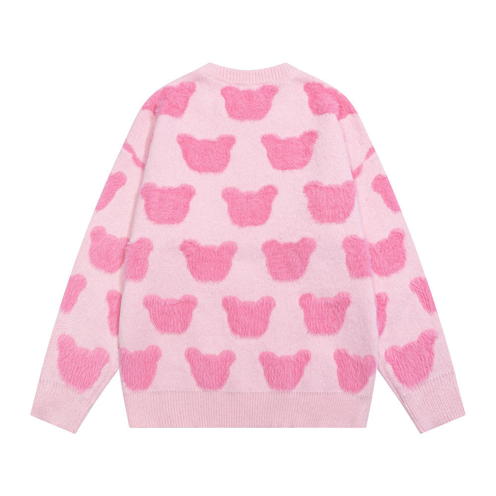 Bear Jacquard Crewneck Knit Sweater – Oversized Long Sleeve Pullover