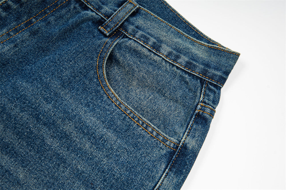 Gothic Old English Letter Print Washed Straight-Leg Jeans